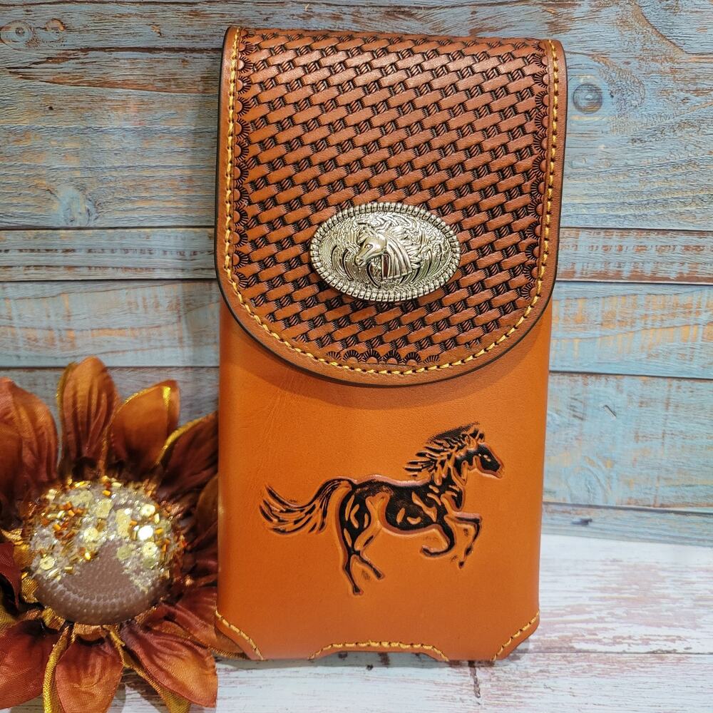 Horse Cowboy Belt Loop Phone Holster Brown LARGE Genuine Leather Embossed